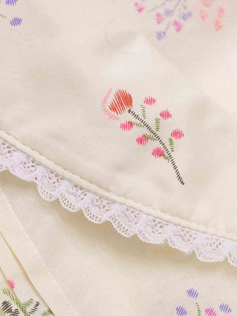 Pure Cotton Beige 1940s Puff Sleeves Floral Dress