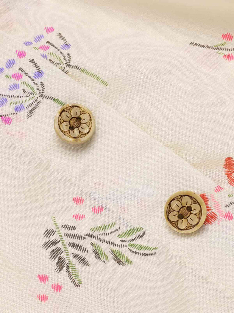 Pure Cotton Beige 1940s Puff Sleeves Floral Dress