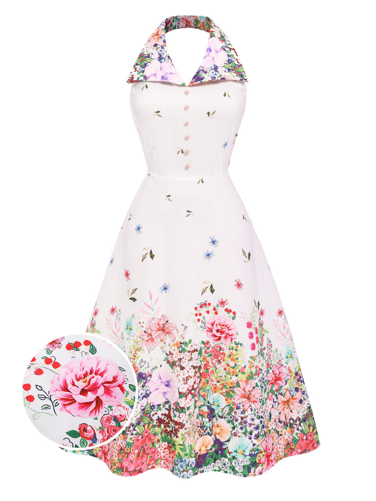White 1940s Floral Lapel Patchwork Dress