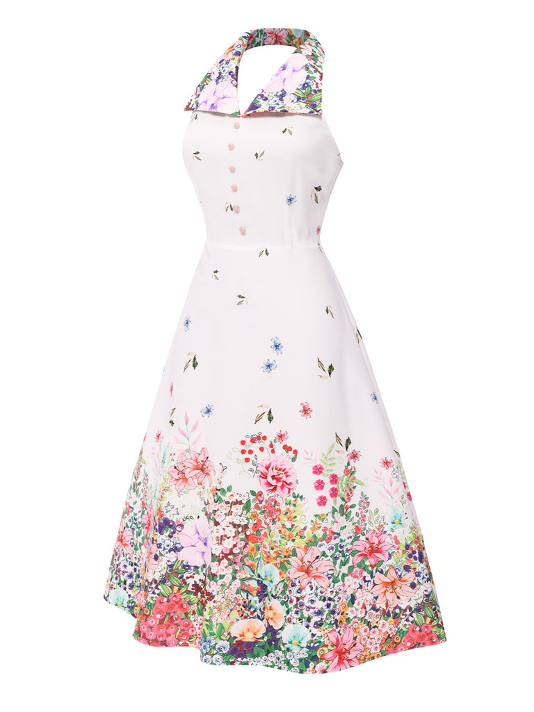 White 1940s Floral Lapel Patchwork Dress