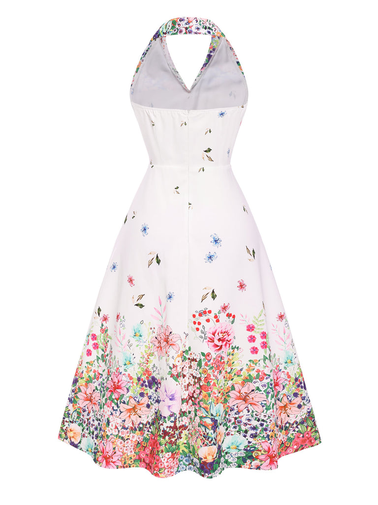 White 1940s Floral Lapel Patchwork Dress