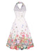 White 1940s Floral Lapel Patchwork Dress