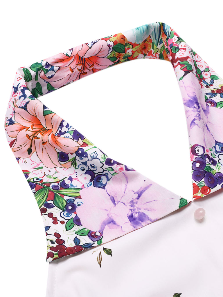 White 1940s Floral Lapel Patchwork Dress