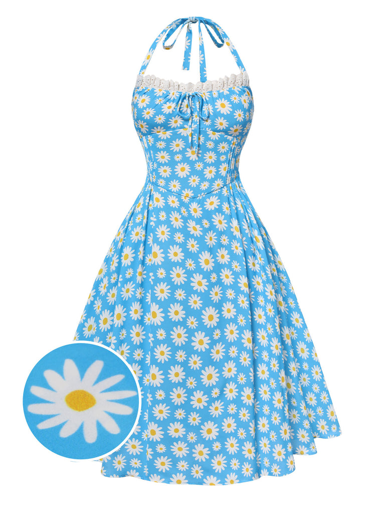 Blue 1950s Halter Lace Daisy Dress