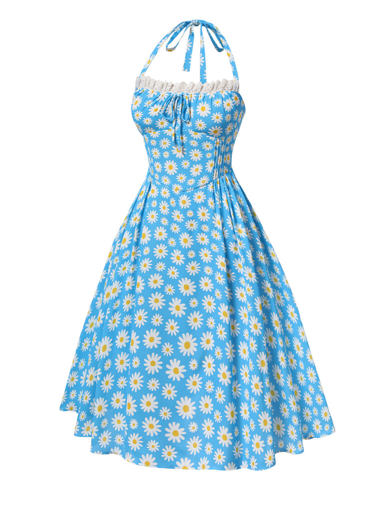 Blue 1950s Halter Lace Daisy Dress