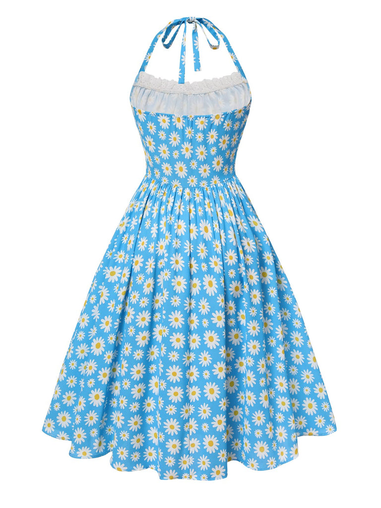 Blue 1950s Halter Lace Daisy Dress