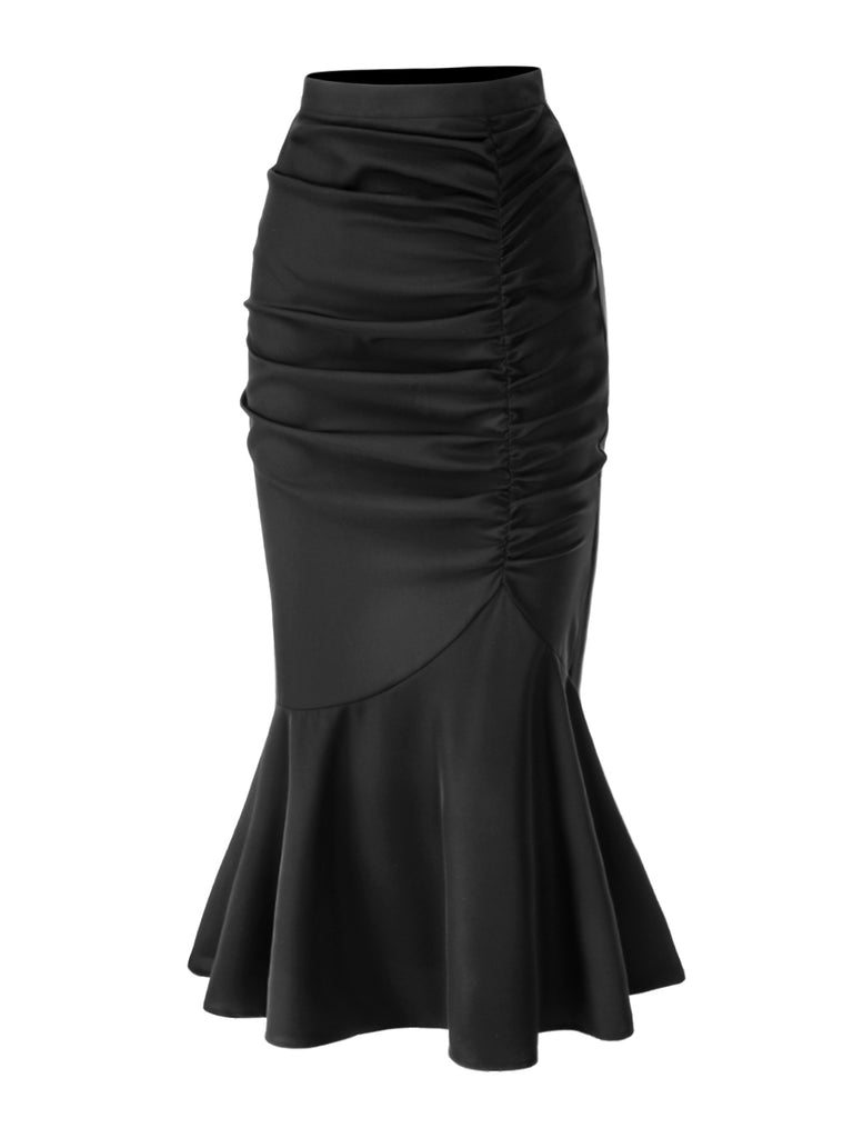 Black 1930s Asymmetric Pleated Fishtail Skirt