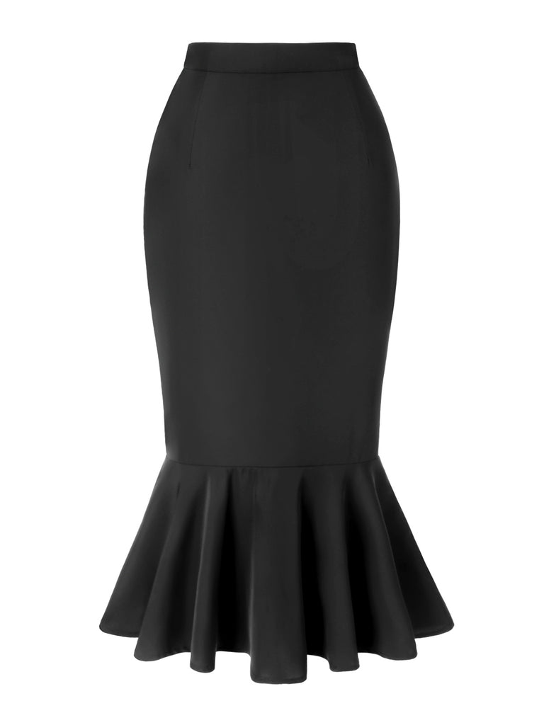 Black 1930s Asymmetric Pleated Fishtail Skirt