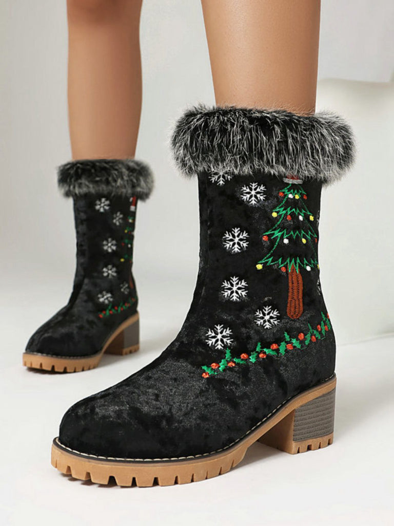 Vintage Christmas Tree Snowflake Plush Chunky Heel Boots