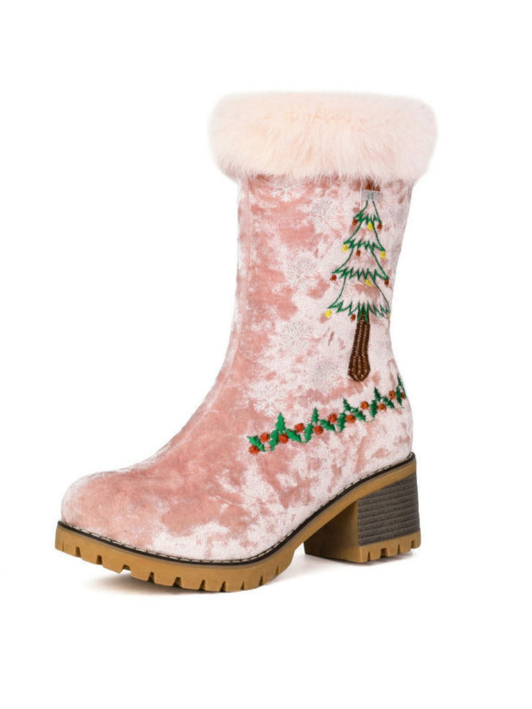 Vintage Christmas Tree Snowflake Plush Chunky Heel Boots