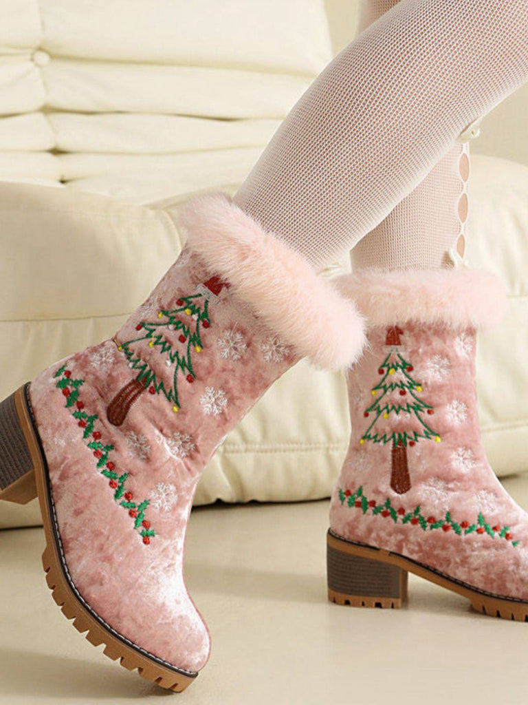 Vintage Christmas Tree Snowflake Plush Chunky Heel Boots