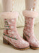 Vintage Christmas Tree Snowflake Plush Chunky Heel Boots