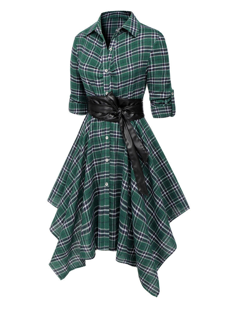 1950s 3/4 Sleeve Plaid Belt Dress