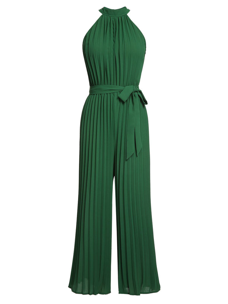 Green 1930s Solid Pleated Halter Jumpsuit