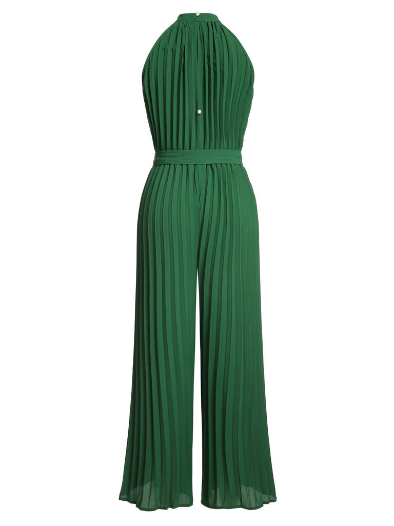 Green 1930s Solid Pleated Halter Jumpsuit