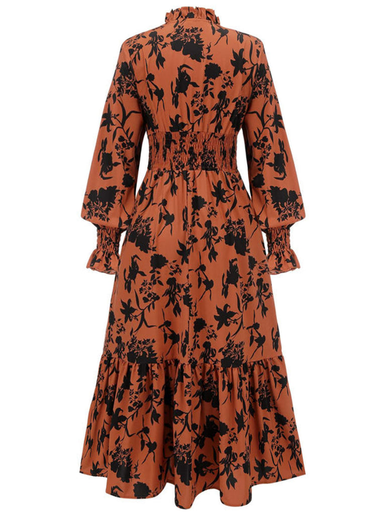 Orange 1950s Floral V-Neck High Waist Dress