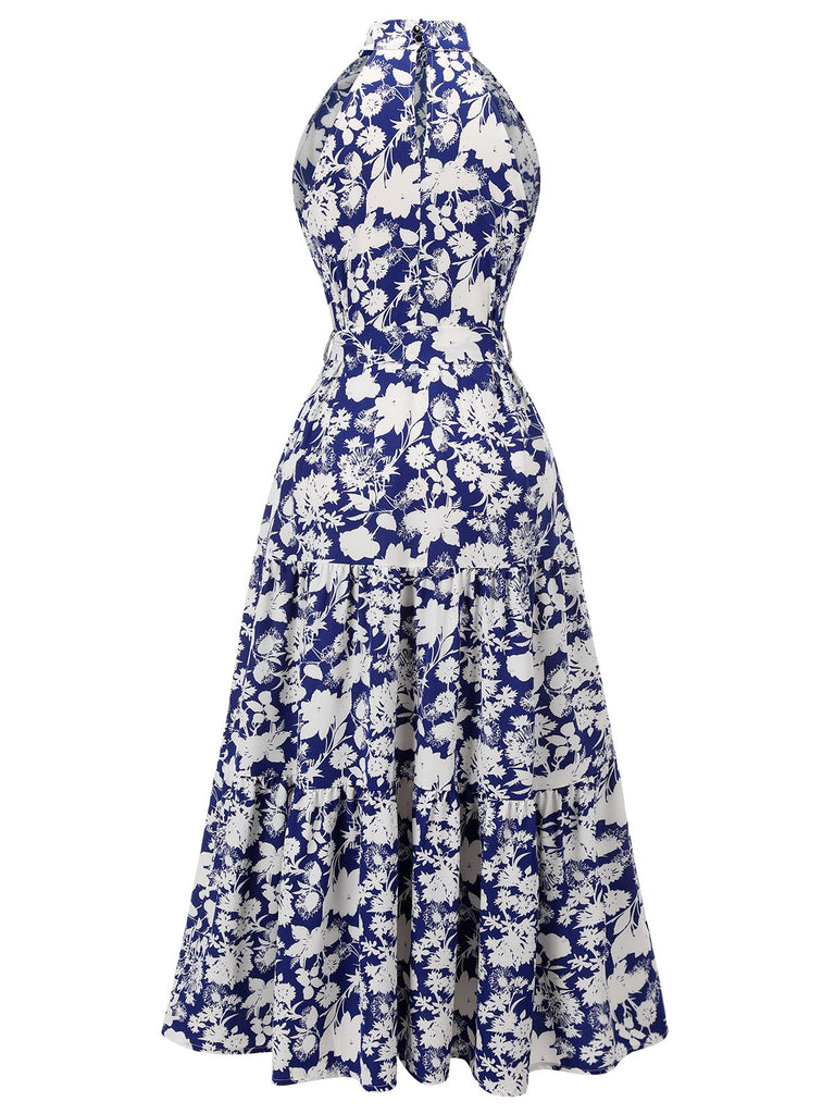 Blue 1930s Stand Collar Floral Dress