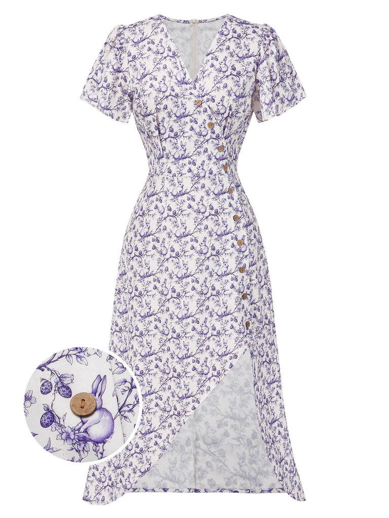 Blue 1940s Floral V-Neck Added Button Dress