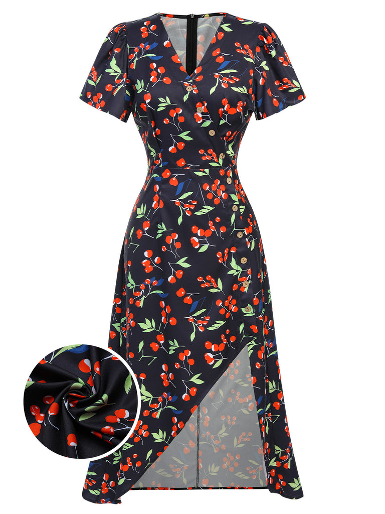 Blue 1940s Floral V-Neck Added Button Dress