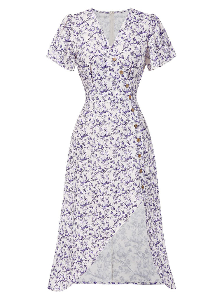 Blue 1940s Floral V-Neck Added Button Dress
