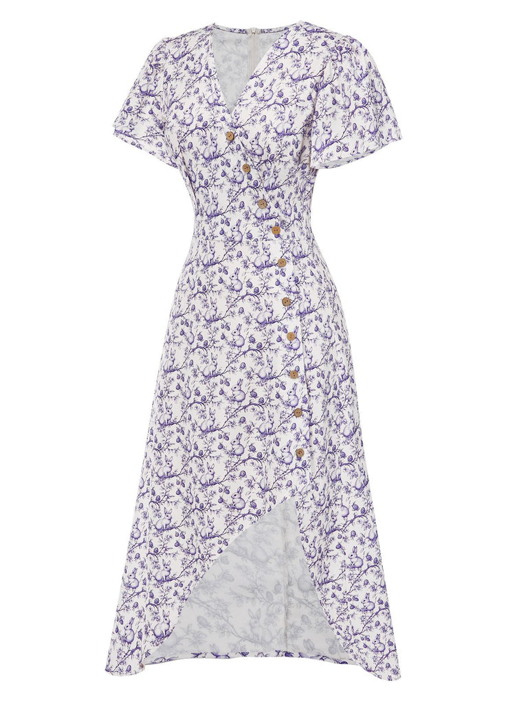Blue 1940s Floral V-Neck Added Button Dress