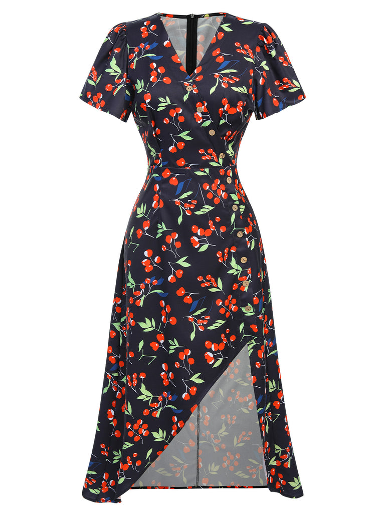 Blue 1940s Floral V-Neck Added Button Dress