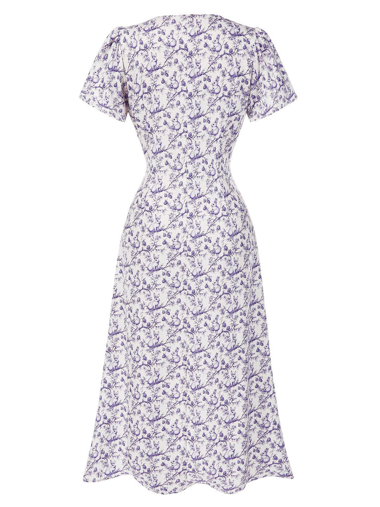 Blue 1940s Floral V-Neck Added Button Dress