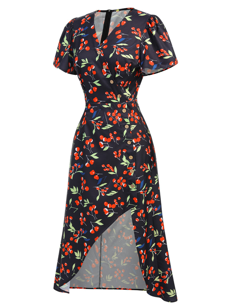 Blue 1940s Floral V-Neck Added Button Dress