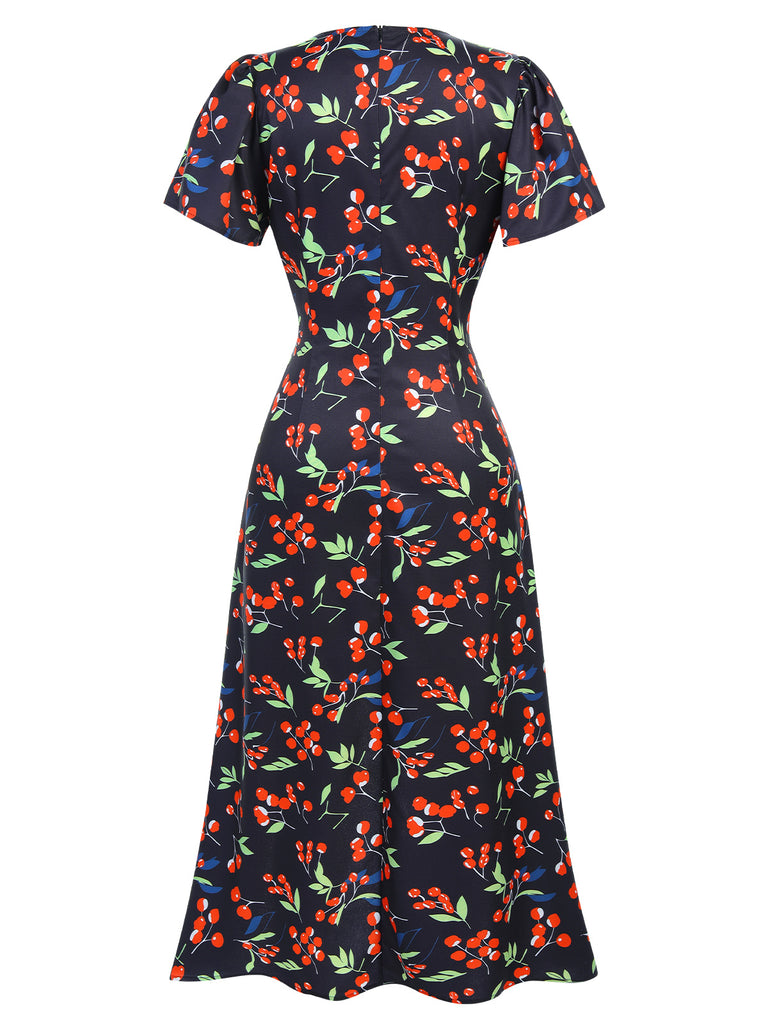 Blue 1940s Floral V-Neck Added Button Dress