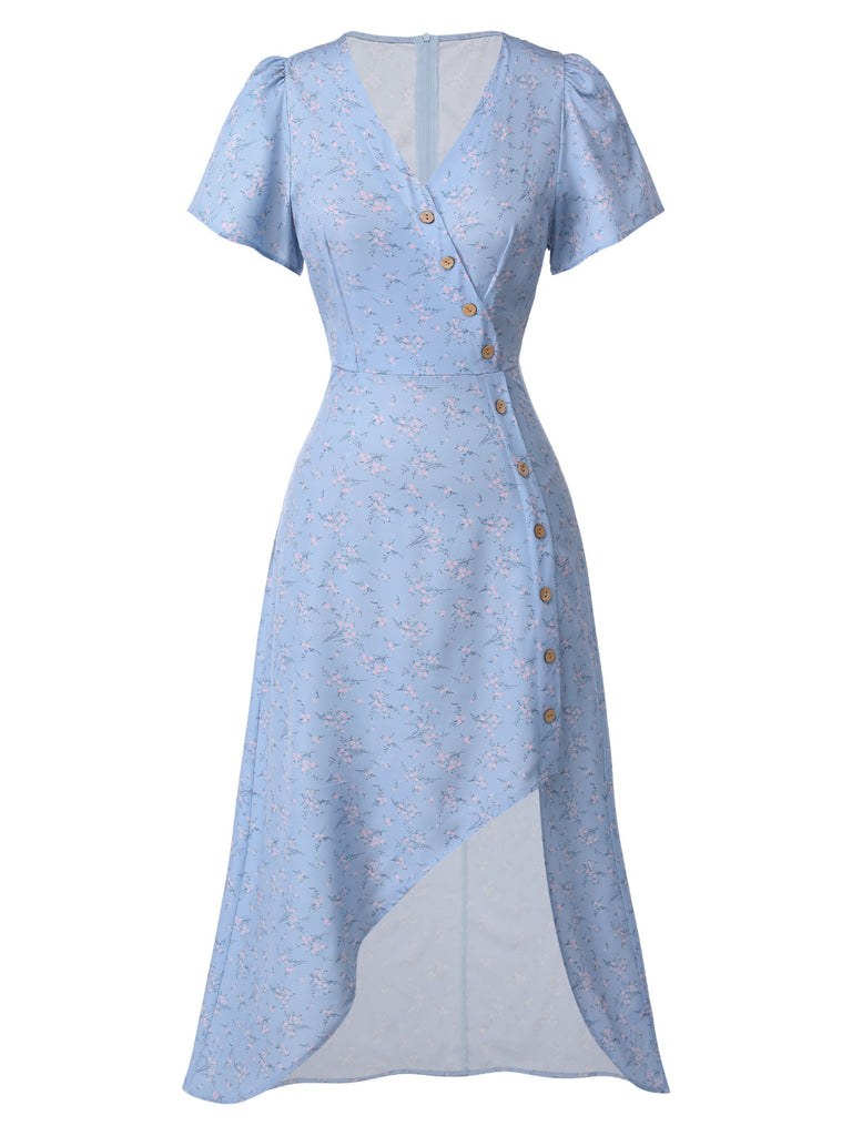 Blue 1940s Floral V-Neck Added Button Dress