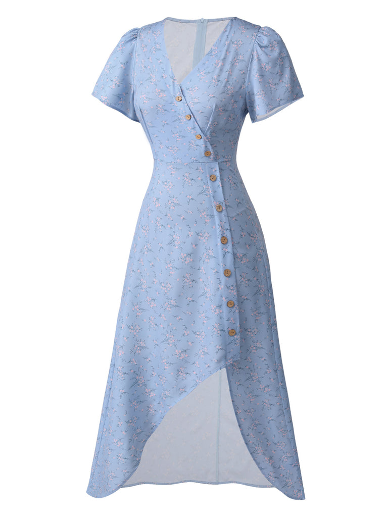 Blue 1940s Floral V-Neck Added Button Dress