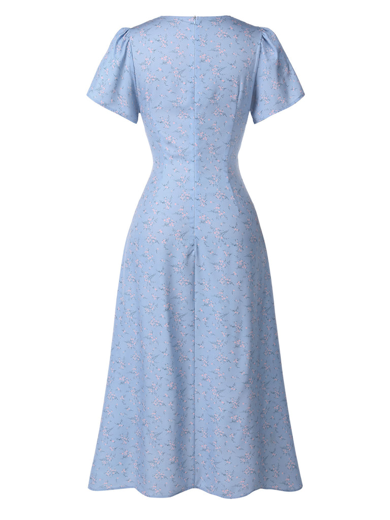Blue 1940s Floral V-Neck Added Button Dress