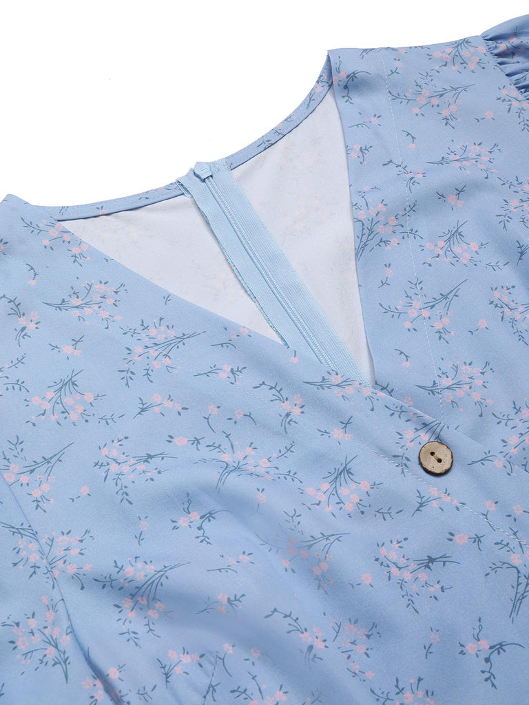 Blue 1940s Floral V-Neck Added Button Dress