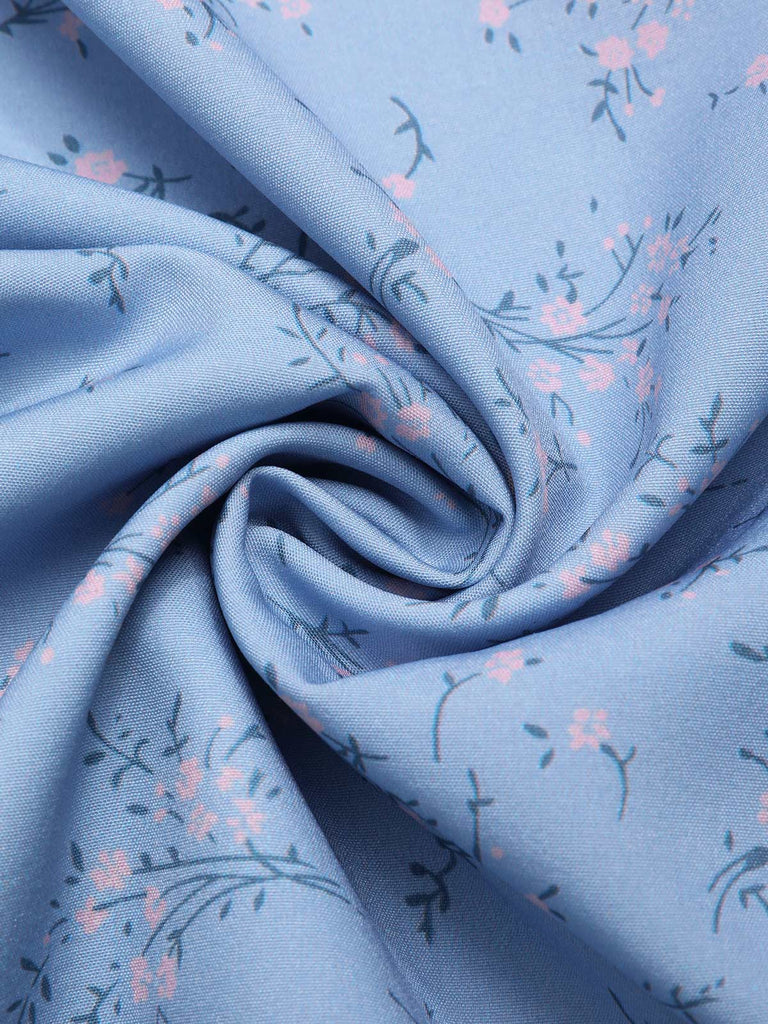 Blue 1940s Floral V-Neck Added Button Dress