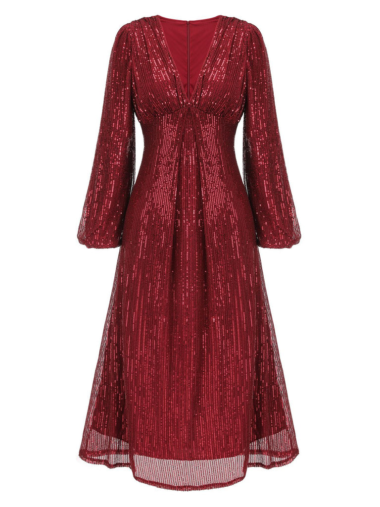 Red 1930s Solid Sequined V-Neck Shift Dress