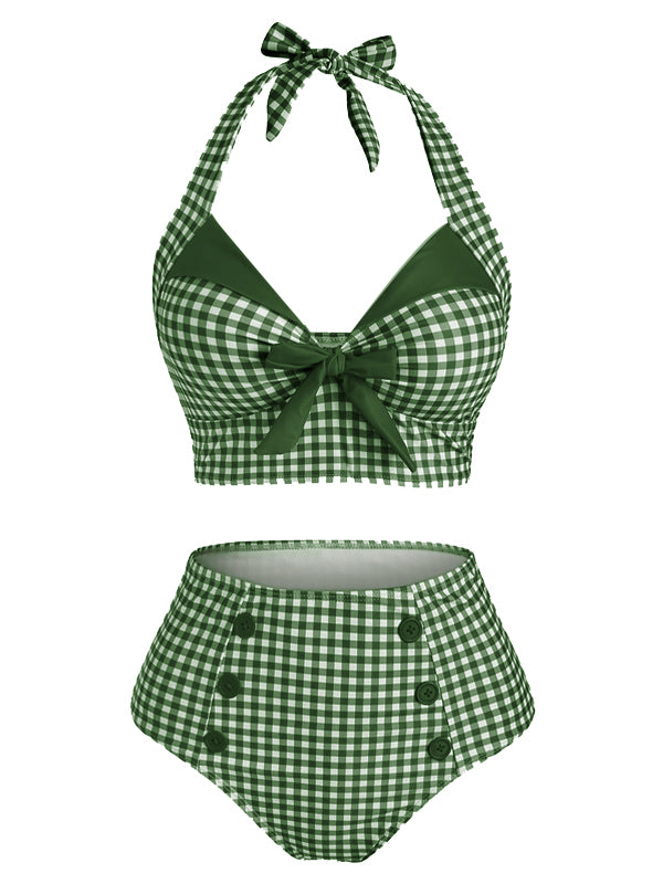 Light Green 1950s Gingham Halter Bowknot Bikini Set