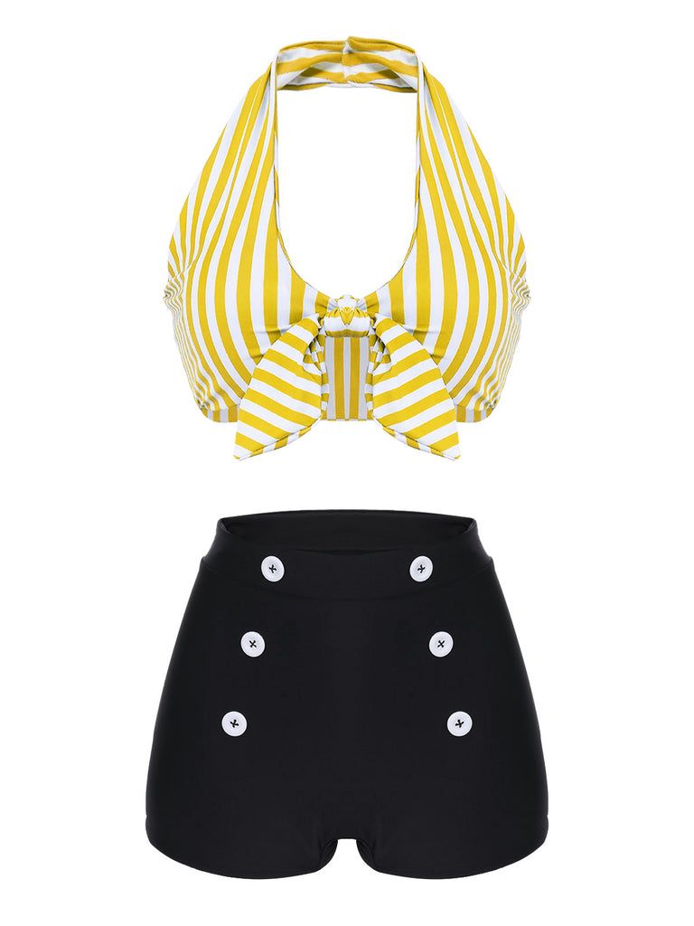 Green 1950s Retro Halter Stripes Bikini Set