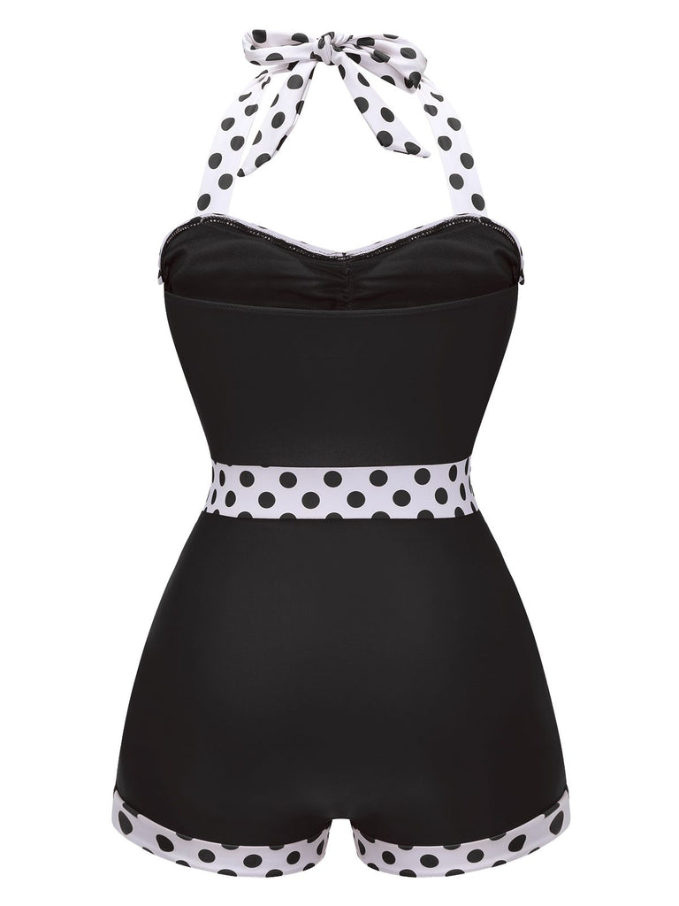 Blue 1940s Halter Patchwork One-piece Swimsuit