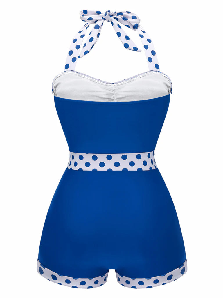 Blue 1940s Halter Patchwork One-piece Swimsuit