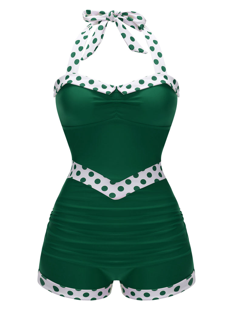 Blue 1940s Halter Patchwork One-piece Swimsuit