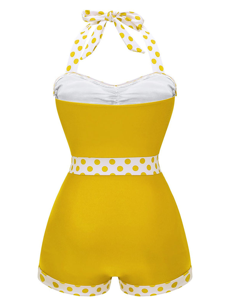 Blue 1940s Halter Patchwork One-piece Swimsuit