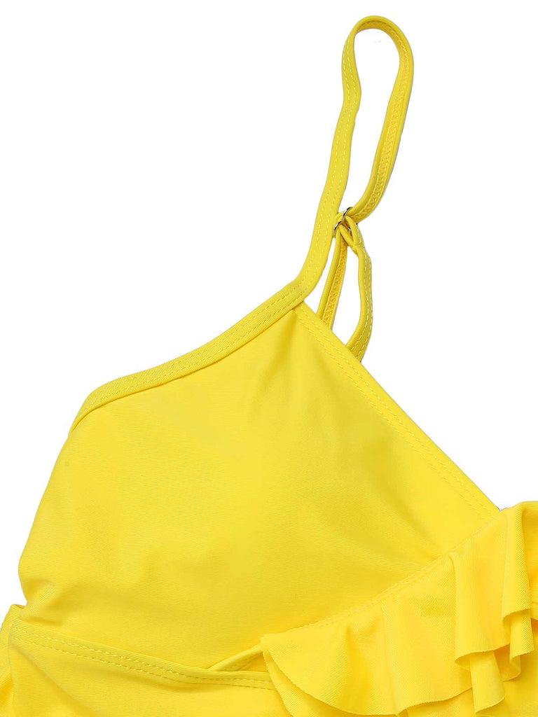 2PCS Yellow 1950s Sunflower Ruffles V-Neck Swimsuit