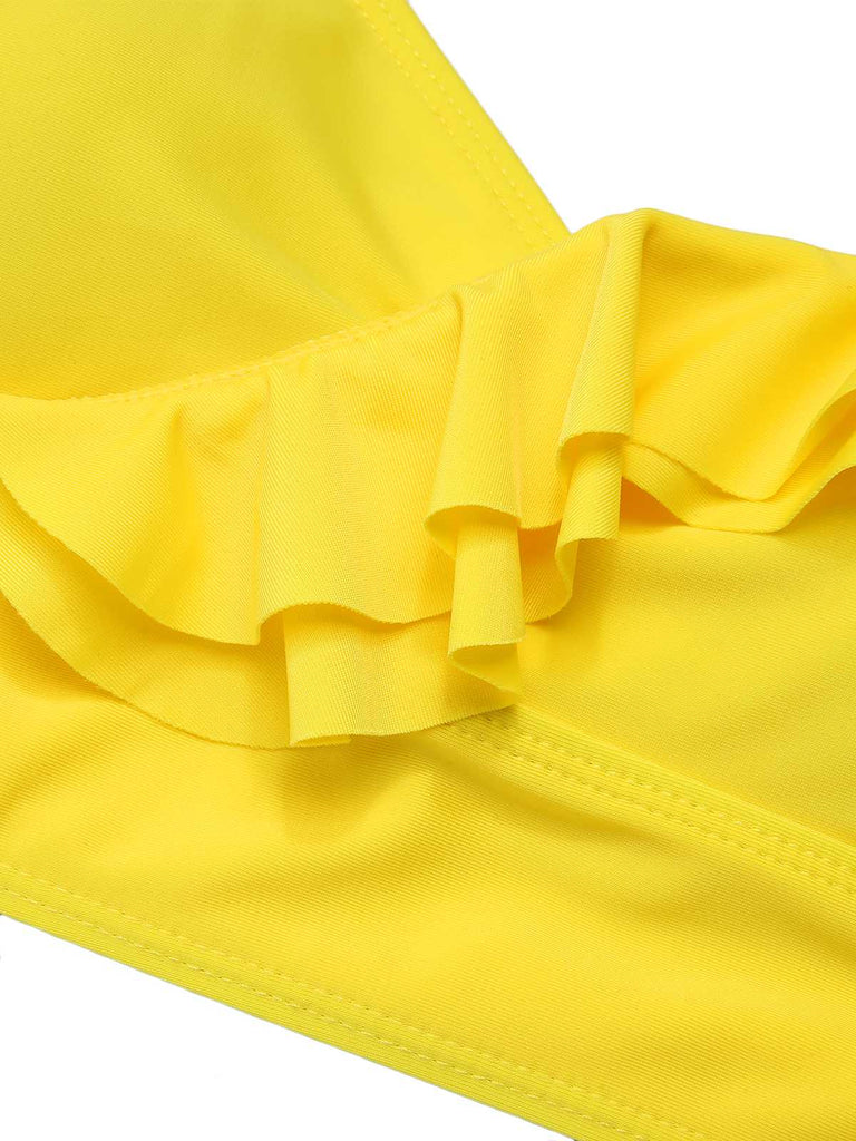 2PCS Yellow 1950s Sunflower Ruffles V-Neck Swimsuit