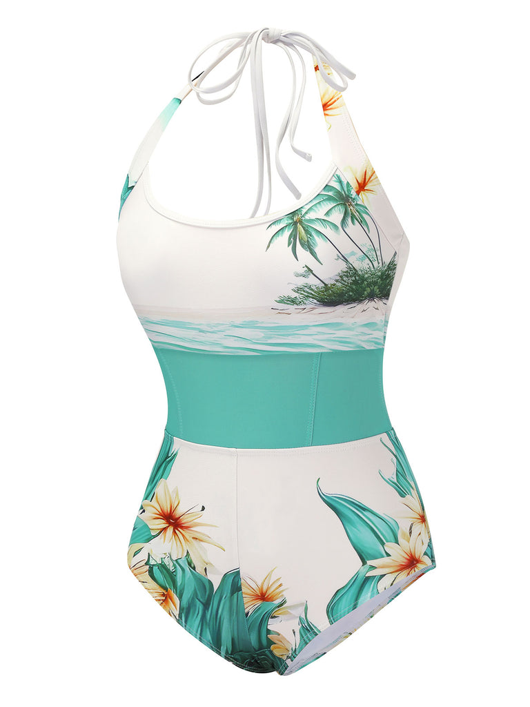 1950s Coconut Tree & Beach Patchwork Swimsuit