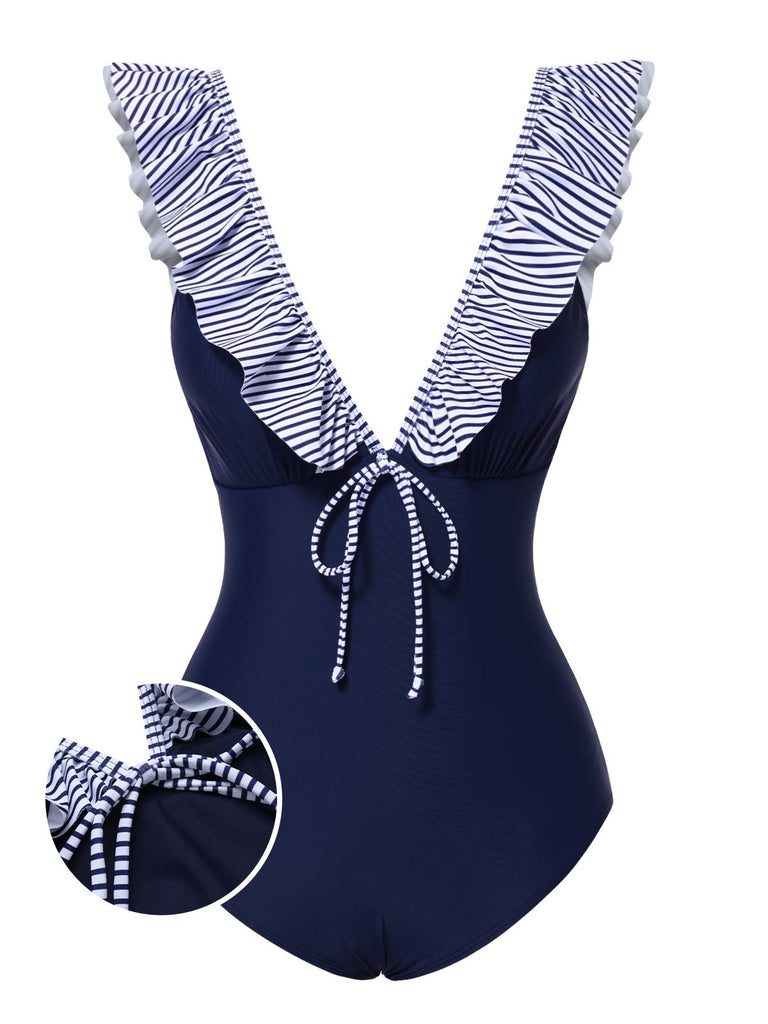 Dark Blue 1940s Striped Ruffled Swimsuit