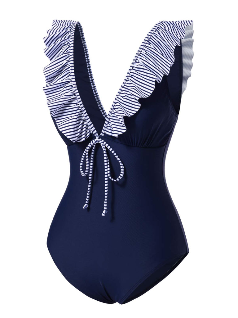 Dark Blue 1940s Striped Ruffled Swimsuit