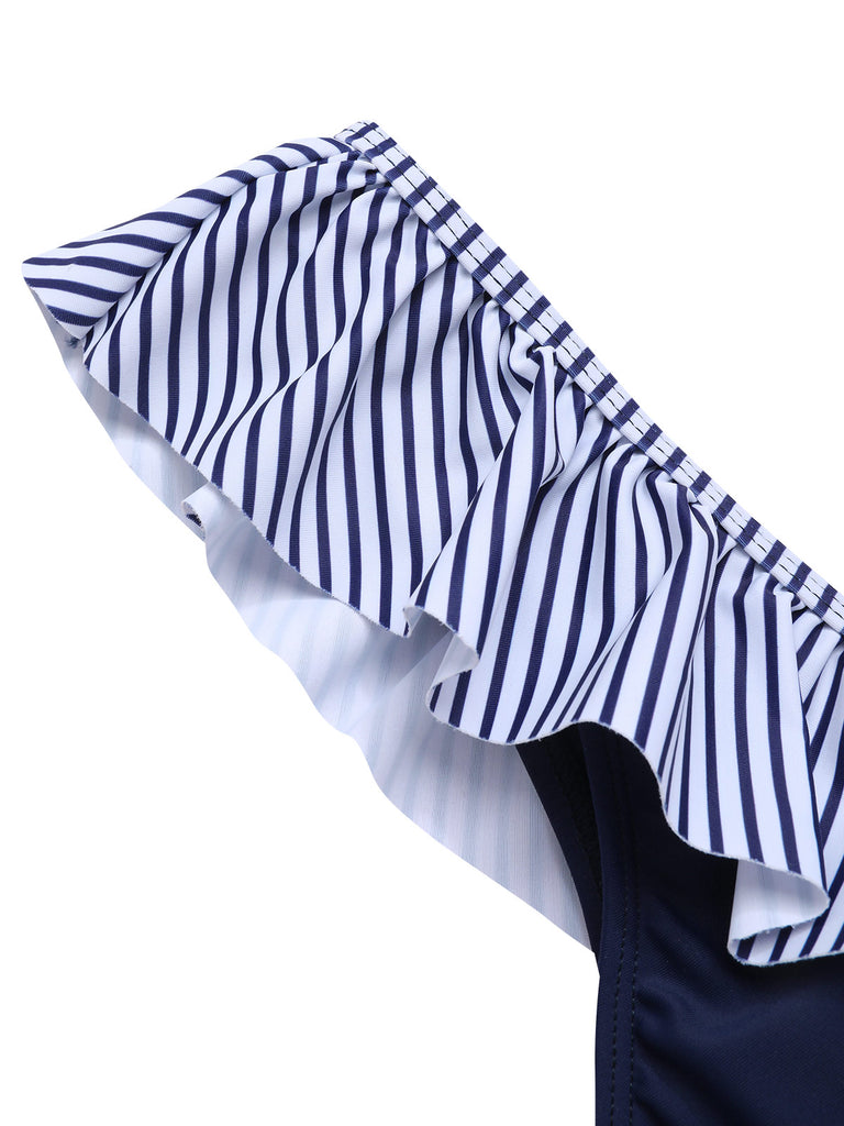 Dark Blue 1940s Striped Ruffled Swimsuit