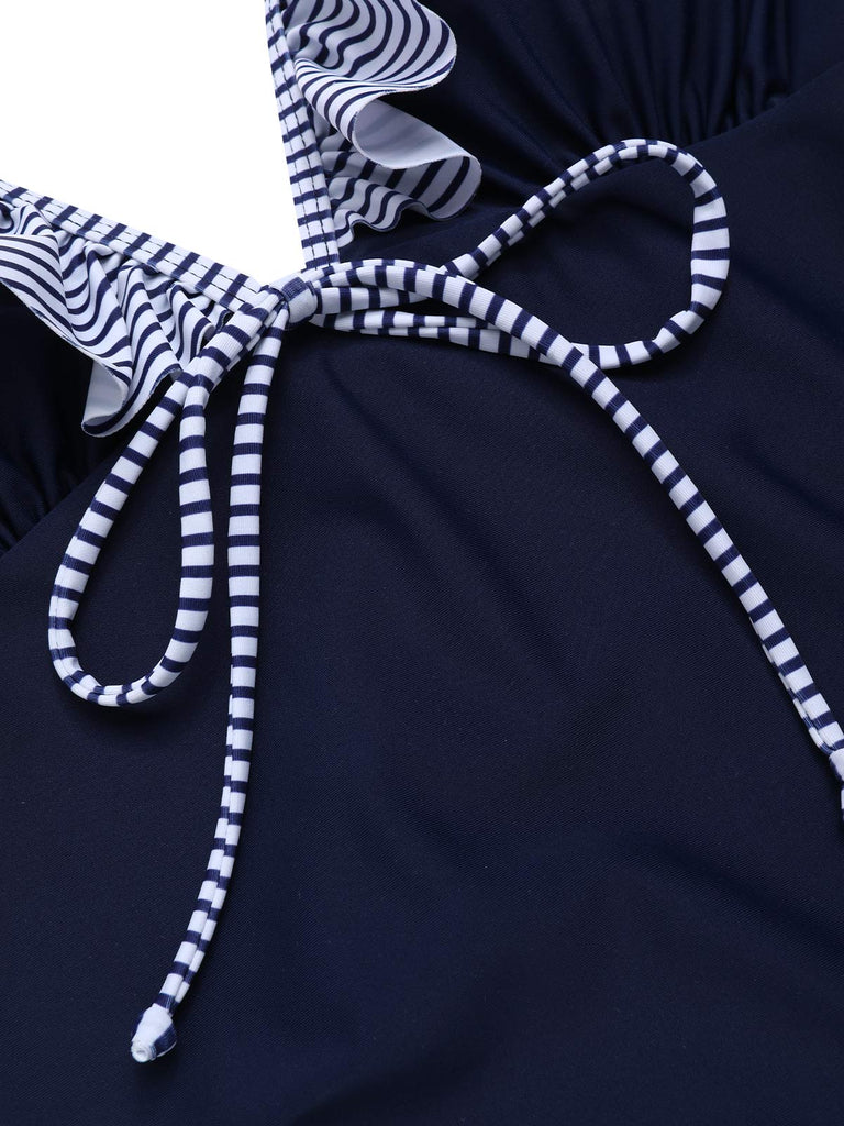 Dark Blue 1940s Striped Ruffled Swimsuit