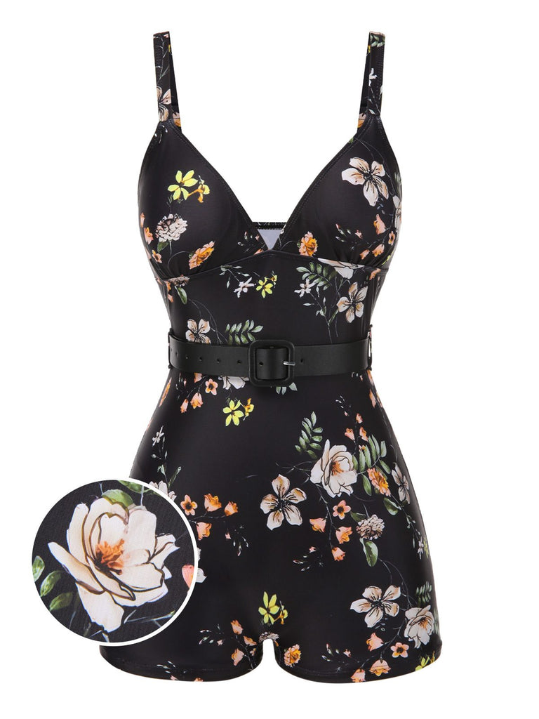 Black 1940s Floral Boxer Straps Swimsuit