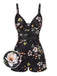 Black 1940s Floral Boxer Straps Swimsuit